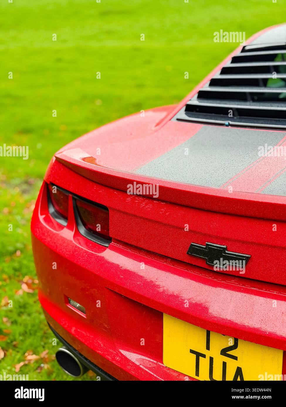 Vista posteriore di una Chevrolet Camaro rossa con strisce da corsa nere e prese d'aria sui finestrini parcheggiate su un prato verde Foto Stock