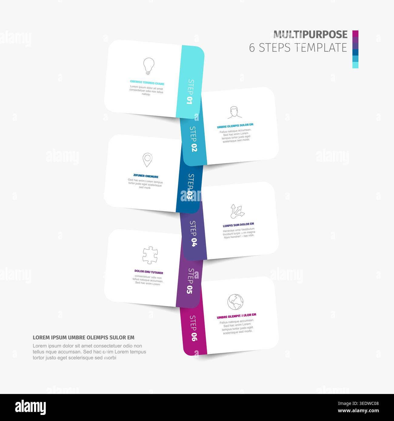 Questo modello infografico presenta 6 passaggi per presentazioni aziendali professionali. Questo modello infografico pulito include etichette e icone colorate Illustrazione Vettoriale
