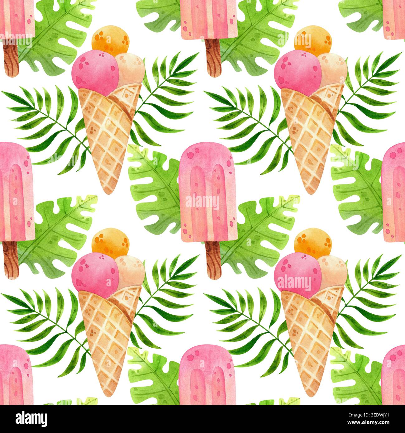 Gelato in un cono di waffle e su un bastoncino con foglie tropicali, un vivace acquerello estivo senza cuciture. Caramelle trafilate a mano per la progettazione, il confezionamento, Foto Stock