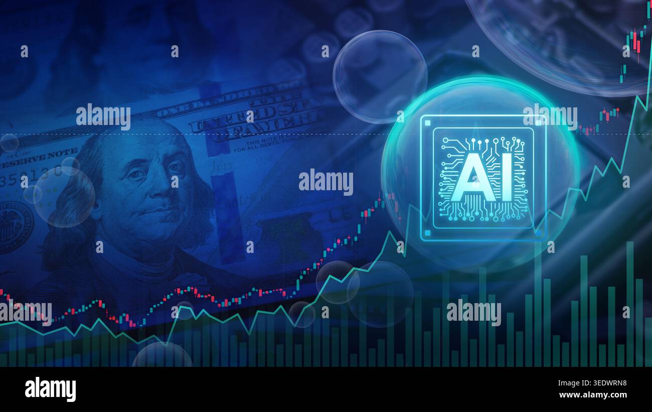 Il concetto di bolla della tecnologia AI Chip si blocca sul mercato azionario con un chip di intelligenza artificiale all'interno di una bolla con il grafico del mercato azionario finanziario Foto Stock