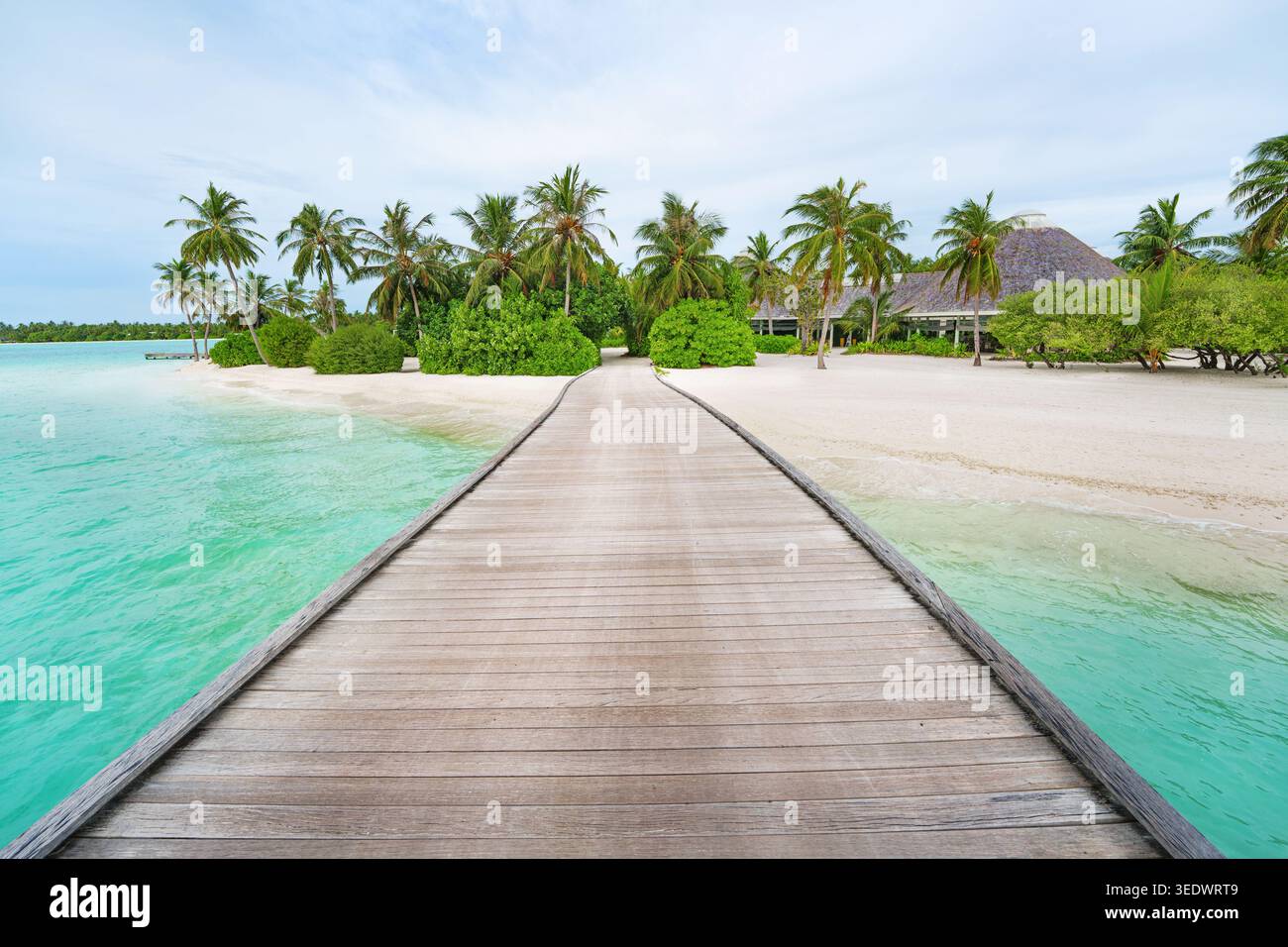 Un molo di legno in una splendida isola tropicale delle maldive - grande poster con spazio per le copie. Foto Stock