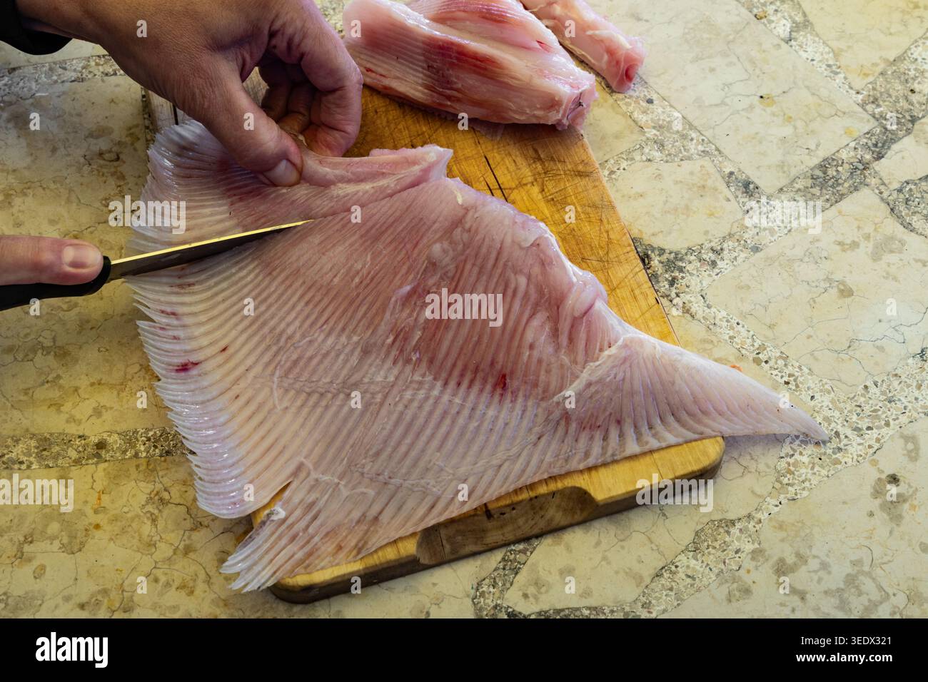 Pastinaca fresca e scuoiata posta su un tagliere di legno, pastinaca spinosa, cena sulla veranda di una casa sul mare in Croazia, sulla penna istriana Foto Stock