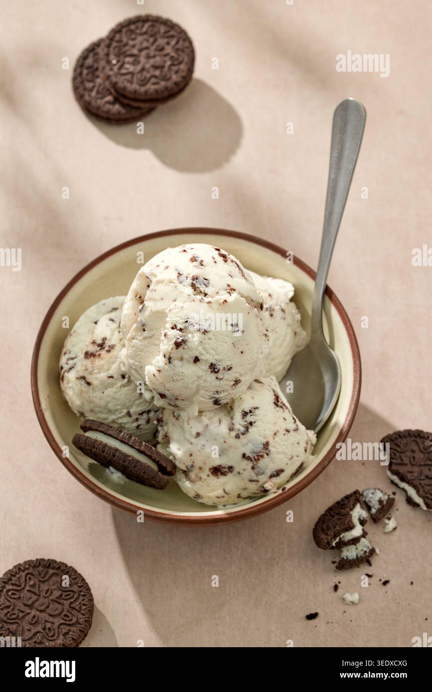 Gelato cremoso alla stracciatella servito in una ciotola con biscotti al cioccolato su un tavolo illuminato dal sole, vista dall'alto. Gelato all'italiana con pezzi di cioccolato Foto Stock