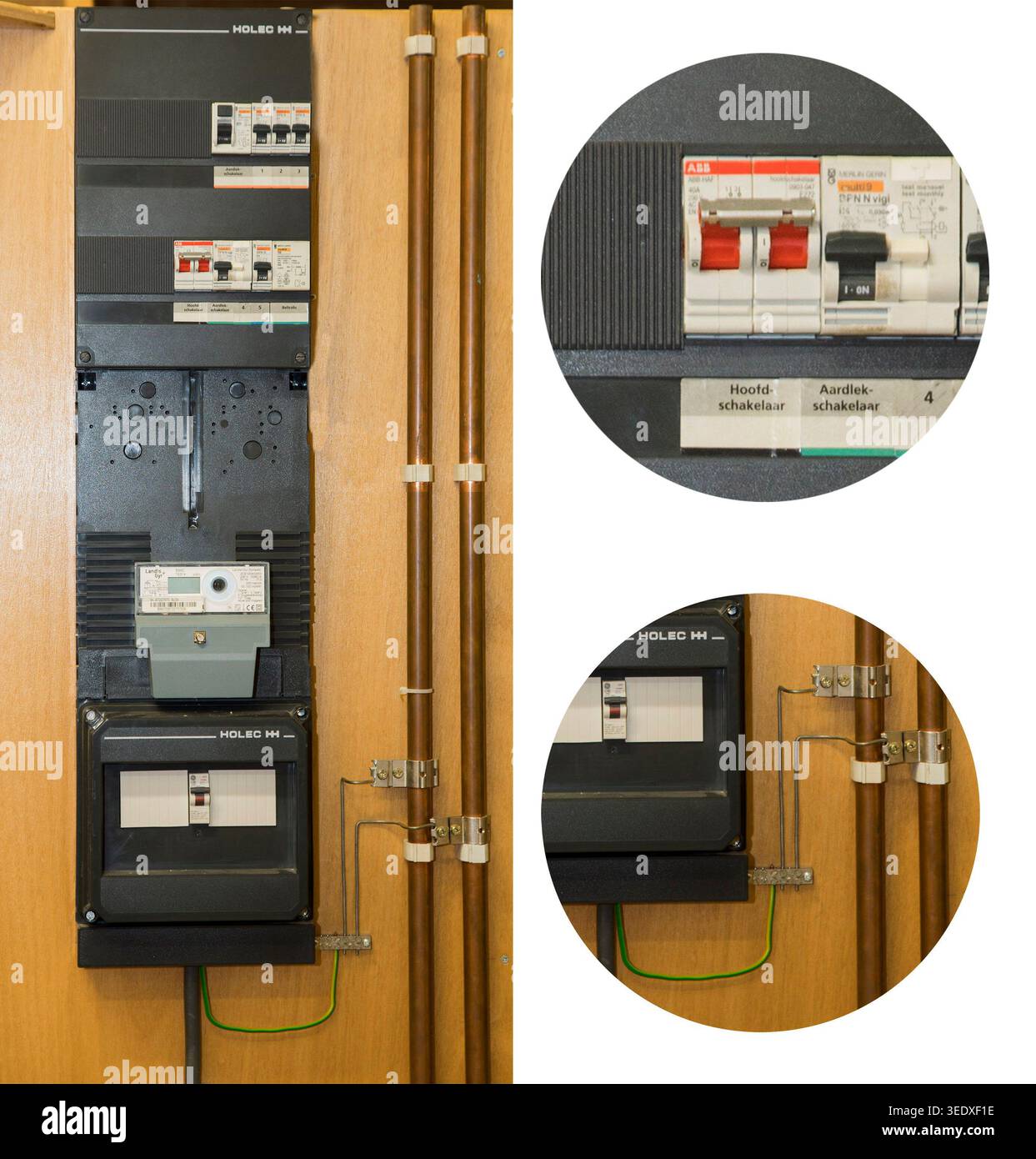 Un armadietto di misurazione elettrico vecchio stile, noto anche come unità di distribuzione, contiene un interruttore principale e dispositivi di corrente residua da distribuire e pr Foto Stock