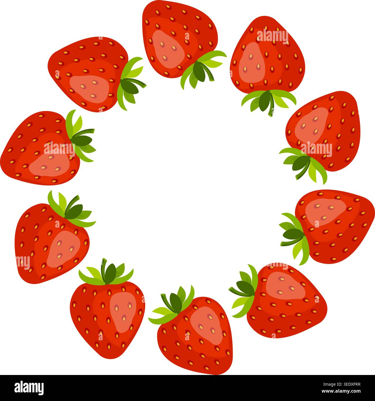 Cordone di fragole biologiche fresche. Vivace cornice rotonda realizzata con fragole rosse mature in stile vettoriale piatto. Design versatile per etichette alimentari, poster per festival estivi e decorazioni in cucina. Illustrazione Vettoriale