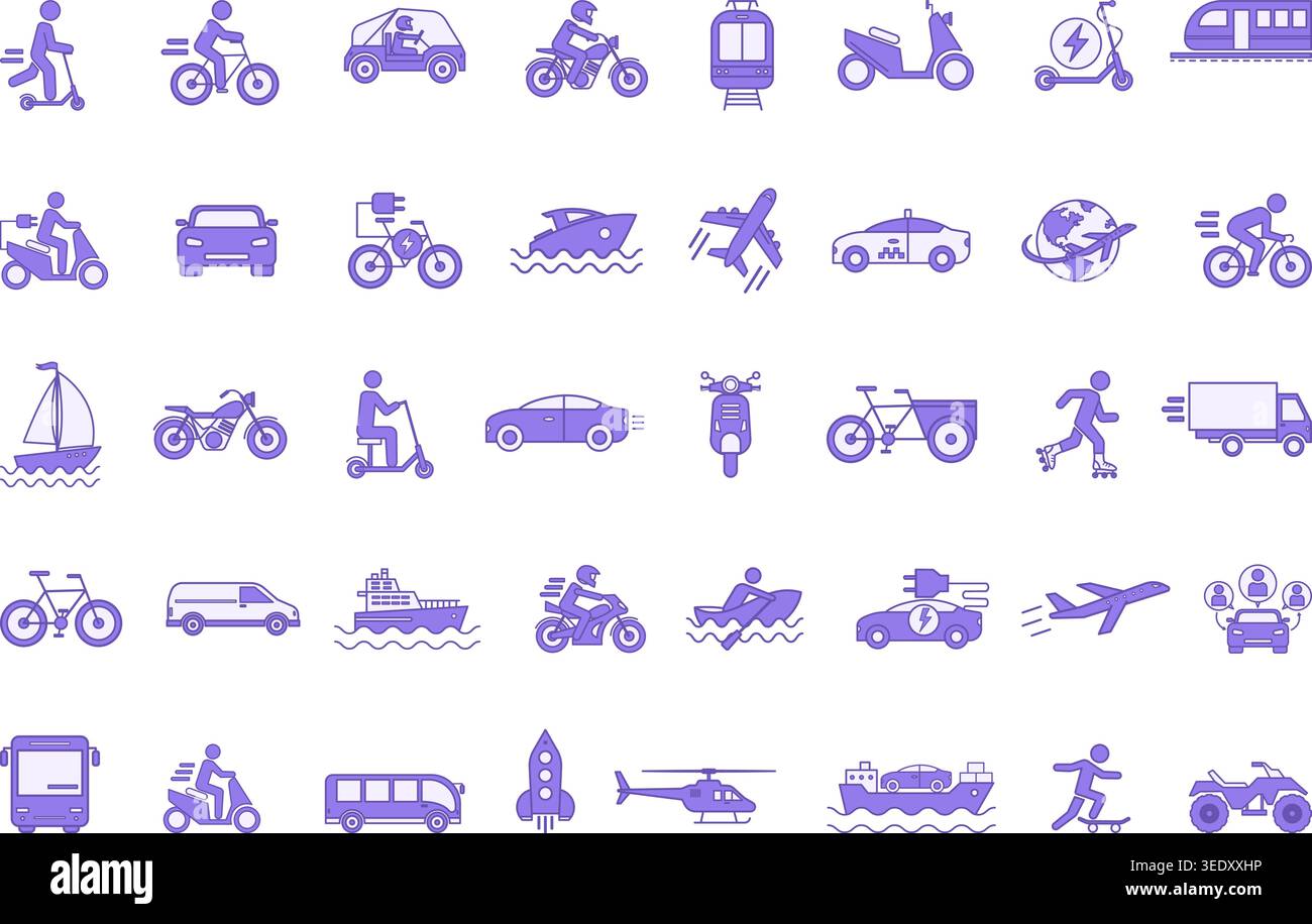 Set colorato di icone di trasporto. Icone vettoriali di automobili, aerei, elicotteri, tram, motociclette, biciclette, scooter, barche, skateboard, furgoni e altri Illustrazione Vettoriale
