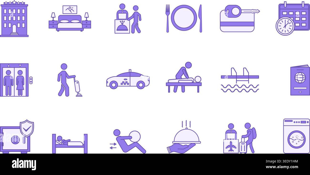 Set di icone hotel colorate. Camera Vector Icons, taxi, prenotazione, passaporto, servizio di pulizia, massaggi, ristorante, piscina, servizio di lavanderia, chiave elettronica, e altri Illustrazione Vettoriale