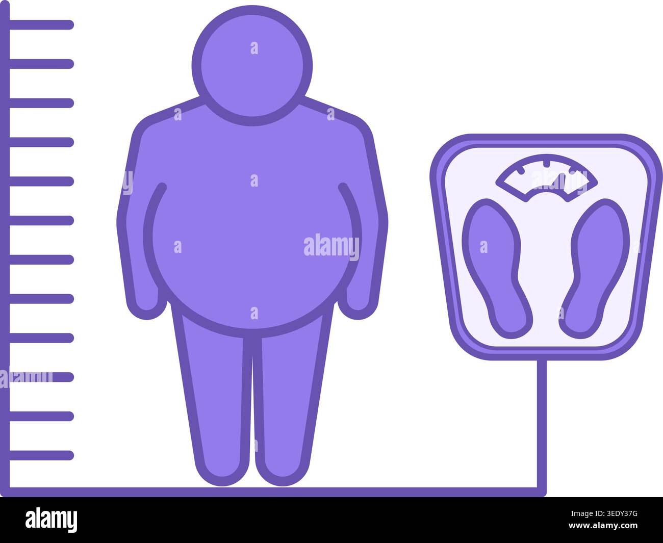 Icona colorata Indice di massa corporea. Illustrazione vettoriale. Uomo in sovrappeso, bilancia per bagno e bilancia per la misurazione dell'altezza. Mangiare sano. Stile di vita sano. Wei Illustrazione Vettoriale