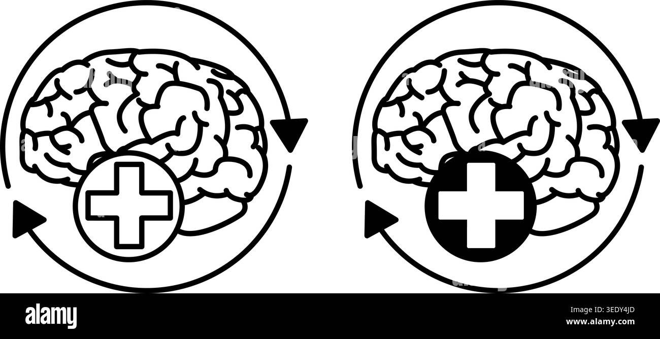 Icone di salute mentale di recupero. Illustrazioni vettoriali in bianco e nero. Cervello umano. Psicologia, Psicoterapia e stile di vita sano Illustrazione Vettoriale