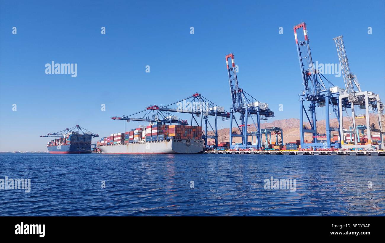 Navi da carico attraccate in un porto commerciale sotto forma di grandi gru che caricano e scaricano container sotto un cielo limpido, evidenziando le operazioni commerciali globali Foto Stock