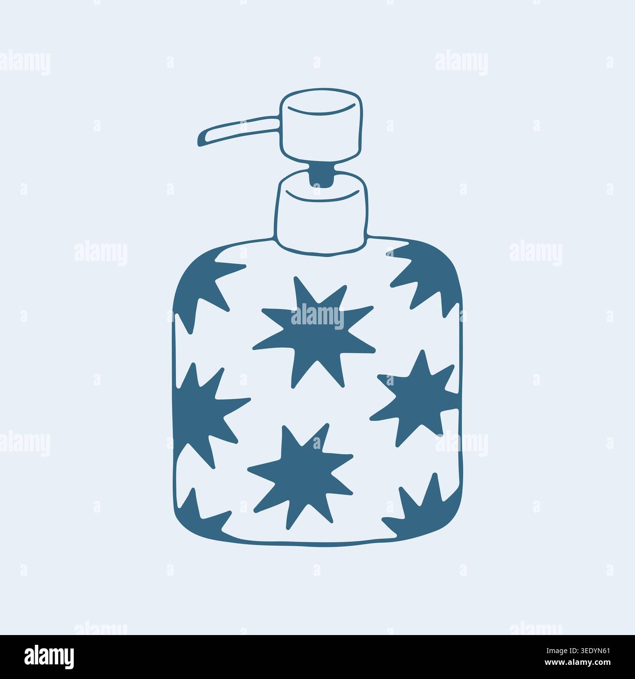 Illustrazione vettoriale disegnata a mano di un dispenser di sapone liquido con motivo a stella. Decorazioni in linea blu per interni del bagno, igiene delle mani e. Illustrazione Vettoriale