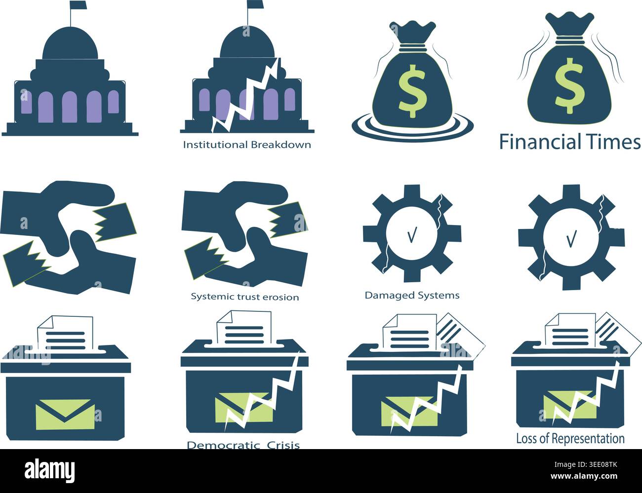 Sistema democratico sotto pressione – Set di icone editoriali concettuali. Illustrazione Vettoriale