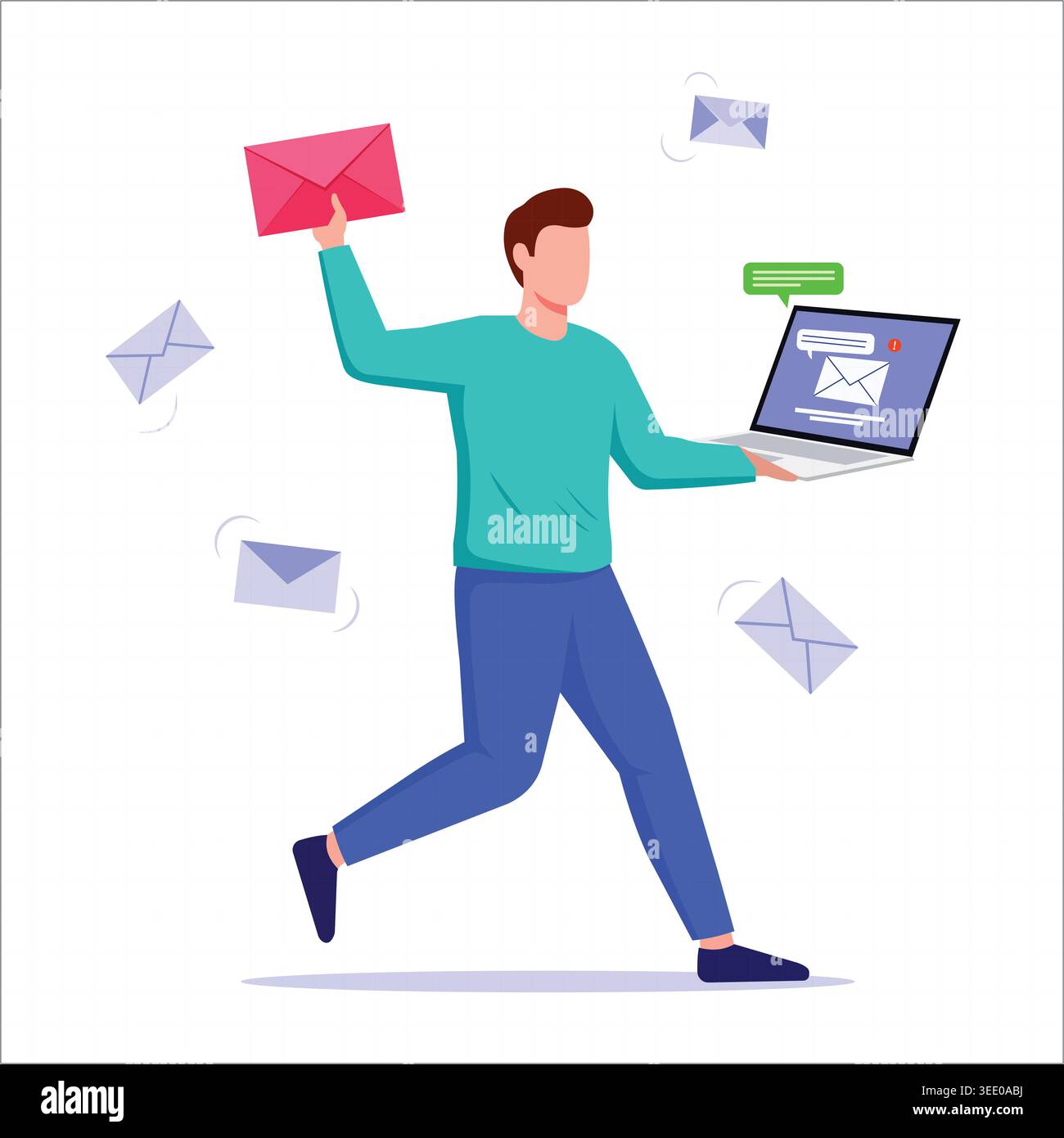 Courier Man in esecuzione veloce che consegna messaggi e-mail urgenti con notebook e buste volanti illustrazione vettore piatto Illustrazione Vettoriale
