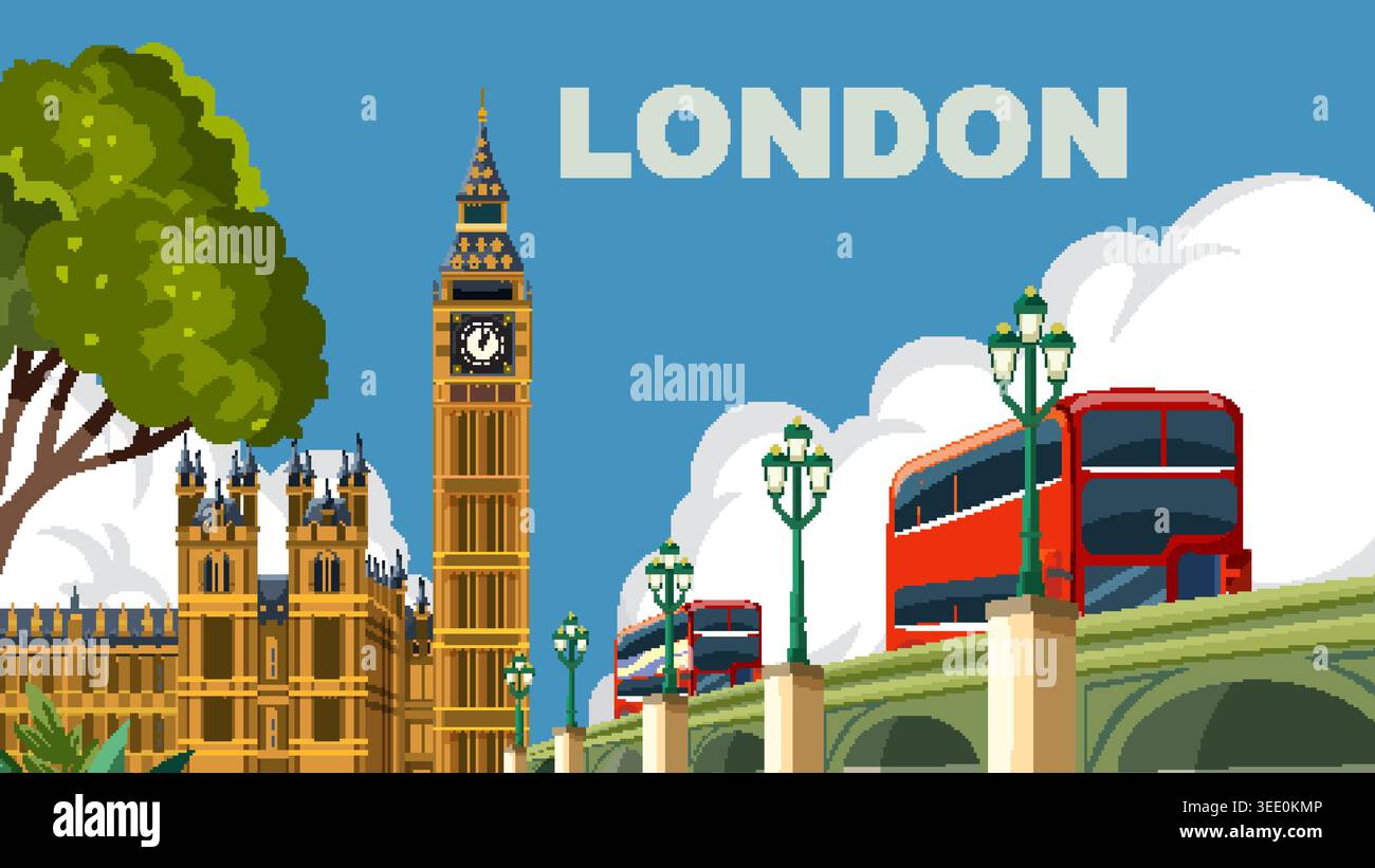 Grafica vettoriale stilizzata di Westminster Palace e autobus rossi sotto un cielo blu brillante Illustrazione Vettoriale