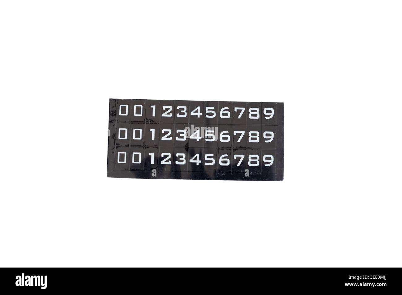 Foglio adesivo numerico nero con numeri bianchi per display numeri di cellulare ed etichettatura isolato su sfondo bianco Foto Stock