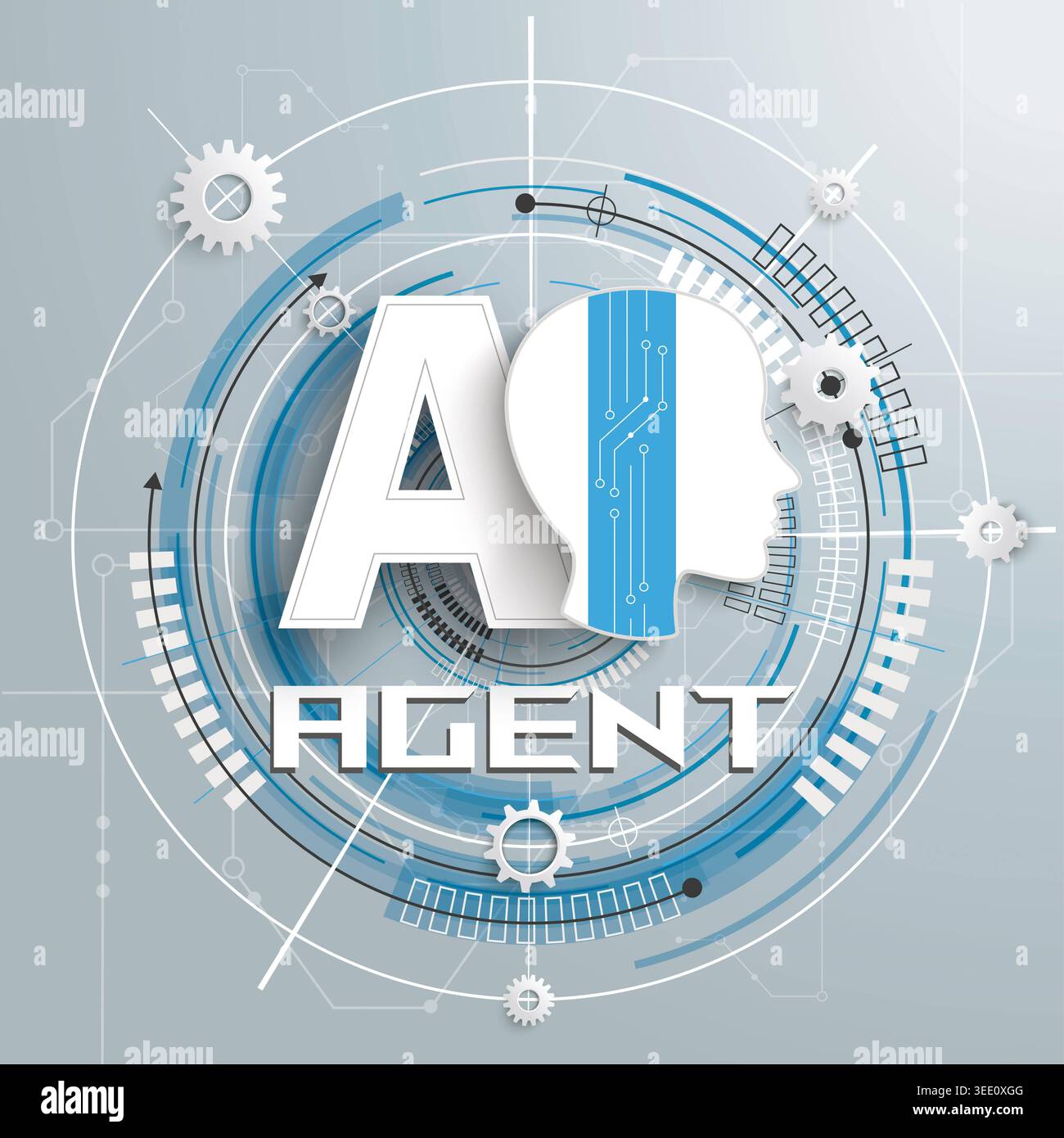 Scheda di circuito per la costruzione dell'Agente AI futuristica illustrazione vettoriale di agenti ai e tecnologia di automazione intelligente con un'h umana digitale Foto Stock