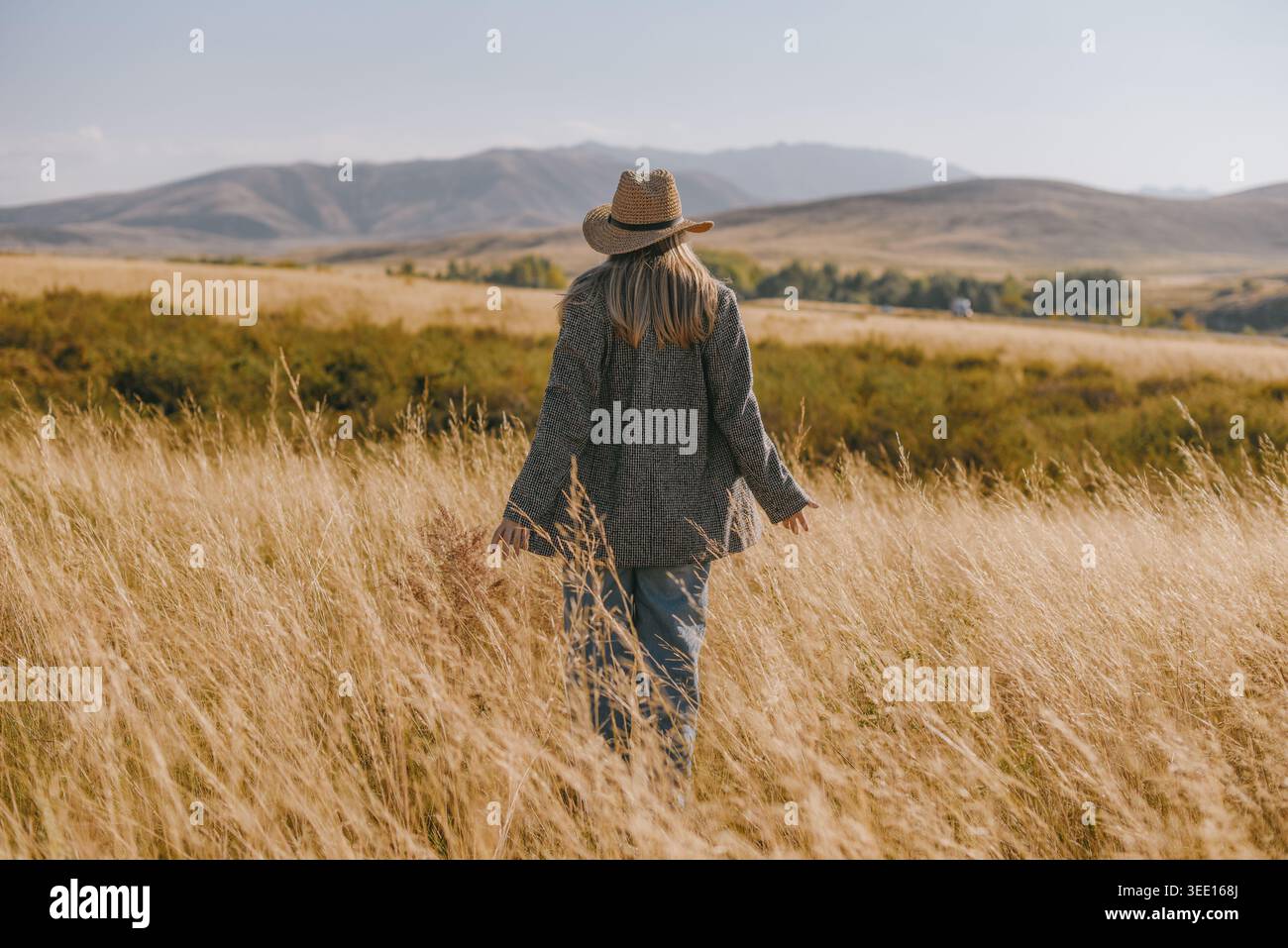 Donna in cappello e blazer in piedi in un campo d'autunno dorato Foto Stock
