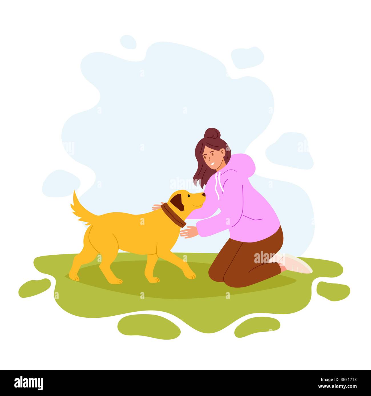 Una giovane donna in abbigliamento sportivo casual gioca con un simpatico cane Labrador sul prato. Amore per gli animali domestici. Illustrazione vettoriale piatta per l'Unione di animali domestici Illustrazione Vettoriale