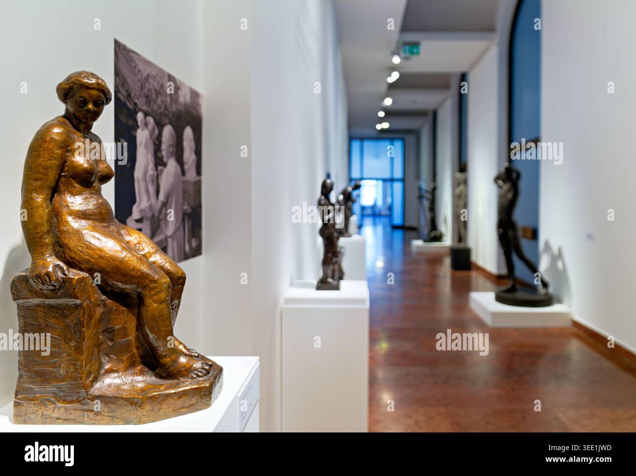 Le persone visitano il Museo del Castello BHM di Budapest in Ungheria per ammirare le sculture esposte in un corridoio. Le sculture variano nelle dimensioni e nello stile. Foto Stock