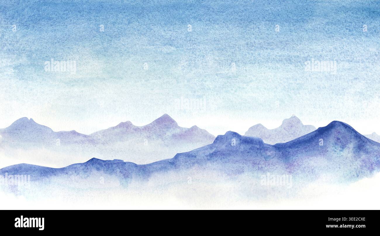 Un sereno e suggestivo dipinto ad acquerello di un paesaggio montano blu avvolto dalla nebbia. Molteplici strati di catene montuose in sfumature di indaco Foto Stock