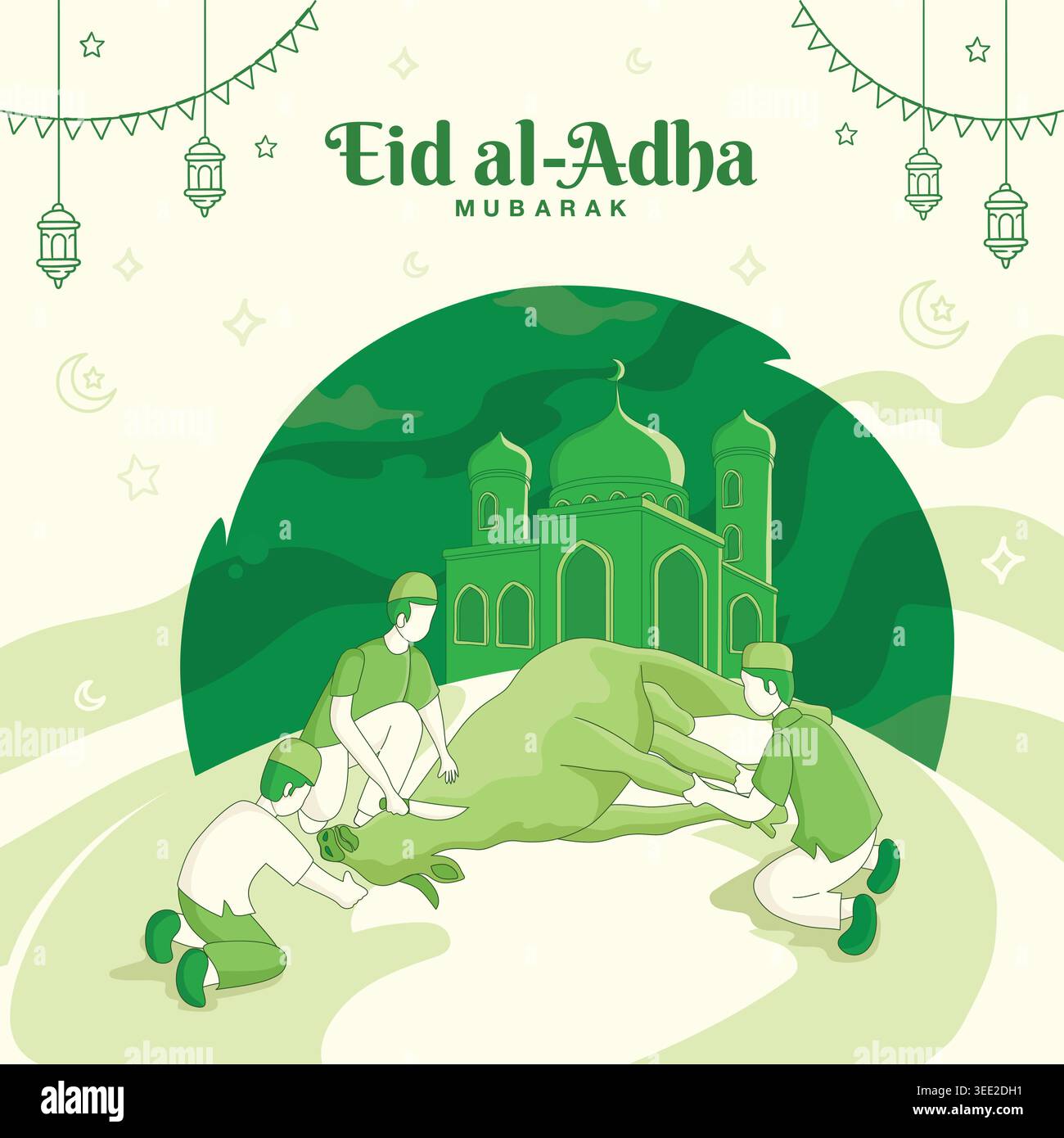 Biglietto di auguri EID al Adha. Popolo musulmano che massacra una mucca durante Eid al-Adha mubarak, la festa del sacrificio Illustrazione Vettoriale