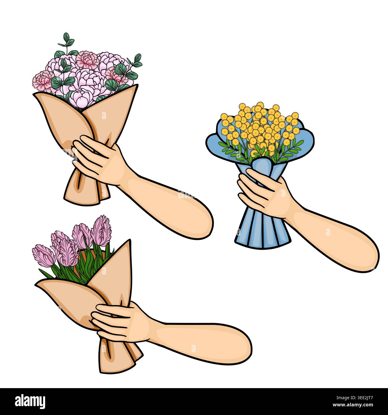 Set di tre illustrazioni vettoriali di mani che tengono mazzi floreali con peonie rosa, tulipani e fiori gialli di mimosa. Illustrazione Vettoriale