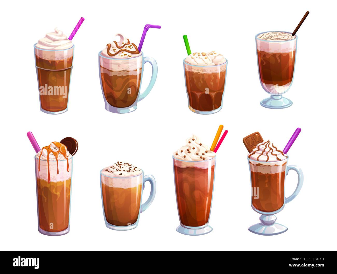 Caffè e dessert in tazze e bicchieri alti Illustrazione Vettoriale