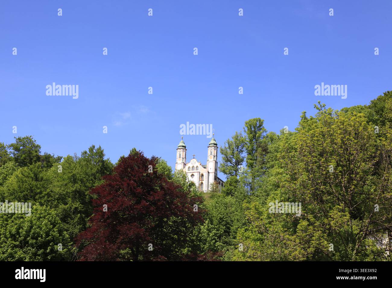 Vista panoramica della chiesa di Heilig Kreuz (Heilig Kreuz) che sorge sopra gli alberi sulla collina di Kalvarienberg, Bad Tölz, alta Baviera, Germania, Europa Foto Stock