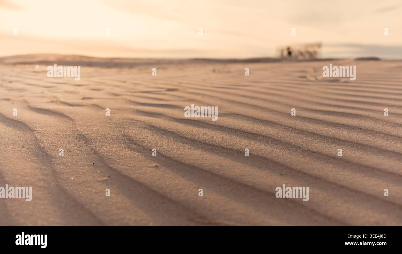 Morbido minimalismo costiero con sabbia a forma di vento e un orizzonte Baltico sfocato a Liepaja, catturato dalla calda luce serale e dall'atmosfera tranquilla. Minimo de Foto Stock