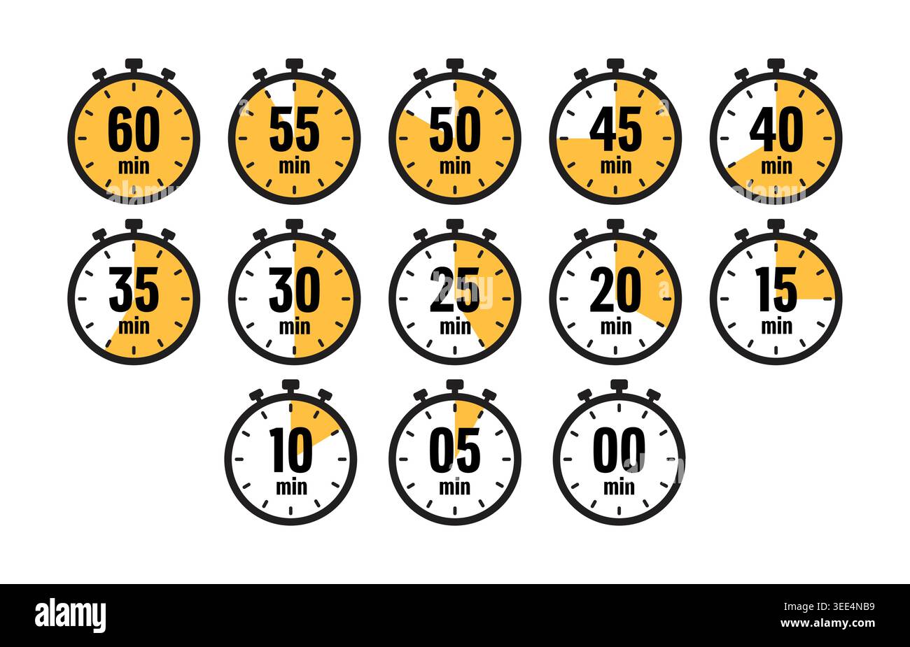 Set di icone gialle del timer cronometro in Minutes Vector (vettore minuti) Illustrazione Vettoriale