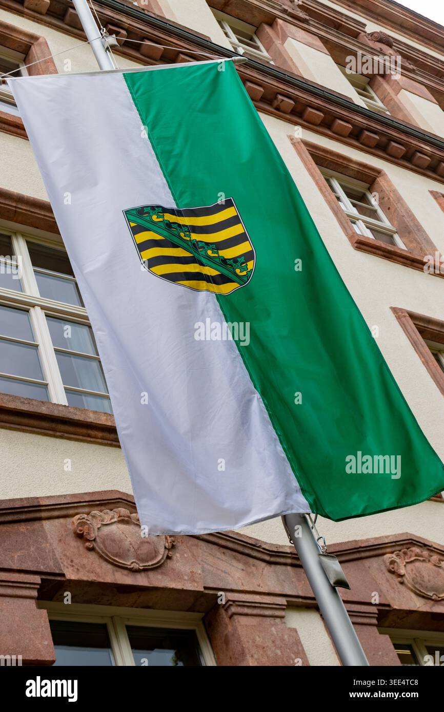 Bandiera bicolore verticale verde e bianca con stemmi a strisce dorate e nere, esposta su un'asta di bandiera contro un tradizionale edificio in pietra fa Foto Stock