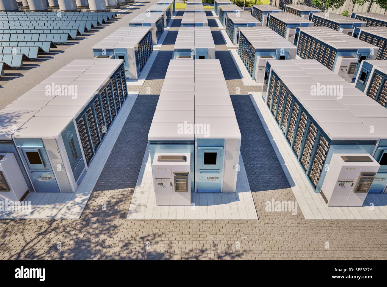 Concetto di energia alternativa con gruppo di rendering 3d di sistemi di accumulo dell'energia o unità contenitore batteria con pannelli solari Foto Stock
