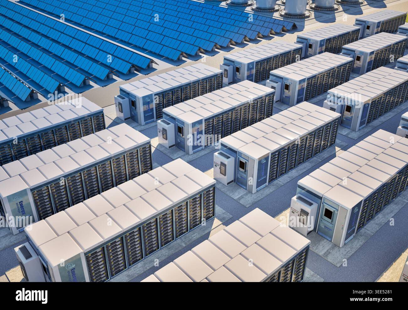 Concetto di energia alternativa con gruppo di rendering 3d di sistemi di accumulo dell'energia o unità contenitore batteria con pannelli solari Foto Stock