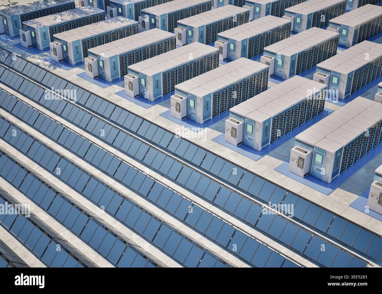 Concetto di energia alternativa con gruppo di rendering 3d di sistemi di accumulo dell'energia o unità contenitore batteria con pannelli solari Foto Stock