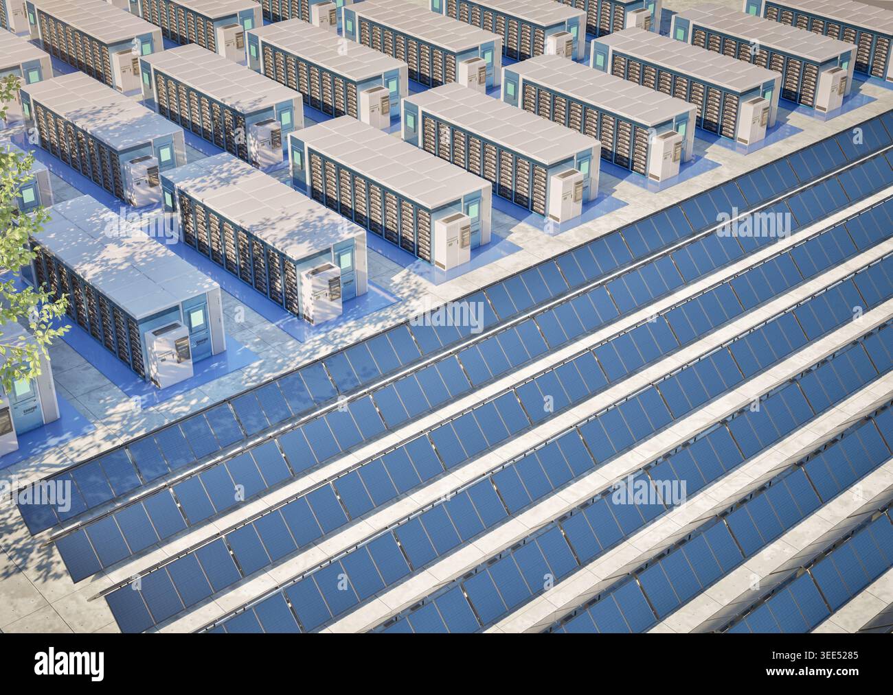 Concetto di energia alternativa con gruppo di rendering 3d di sistemi di accumulo dell'energia o unità contenitore batteria con pannelli solari Foto Stock