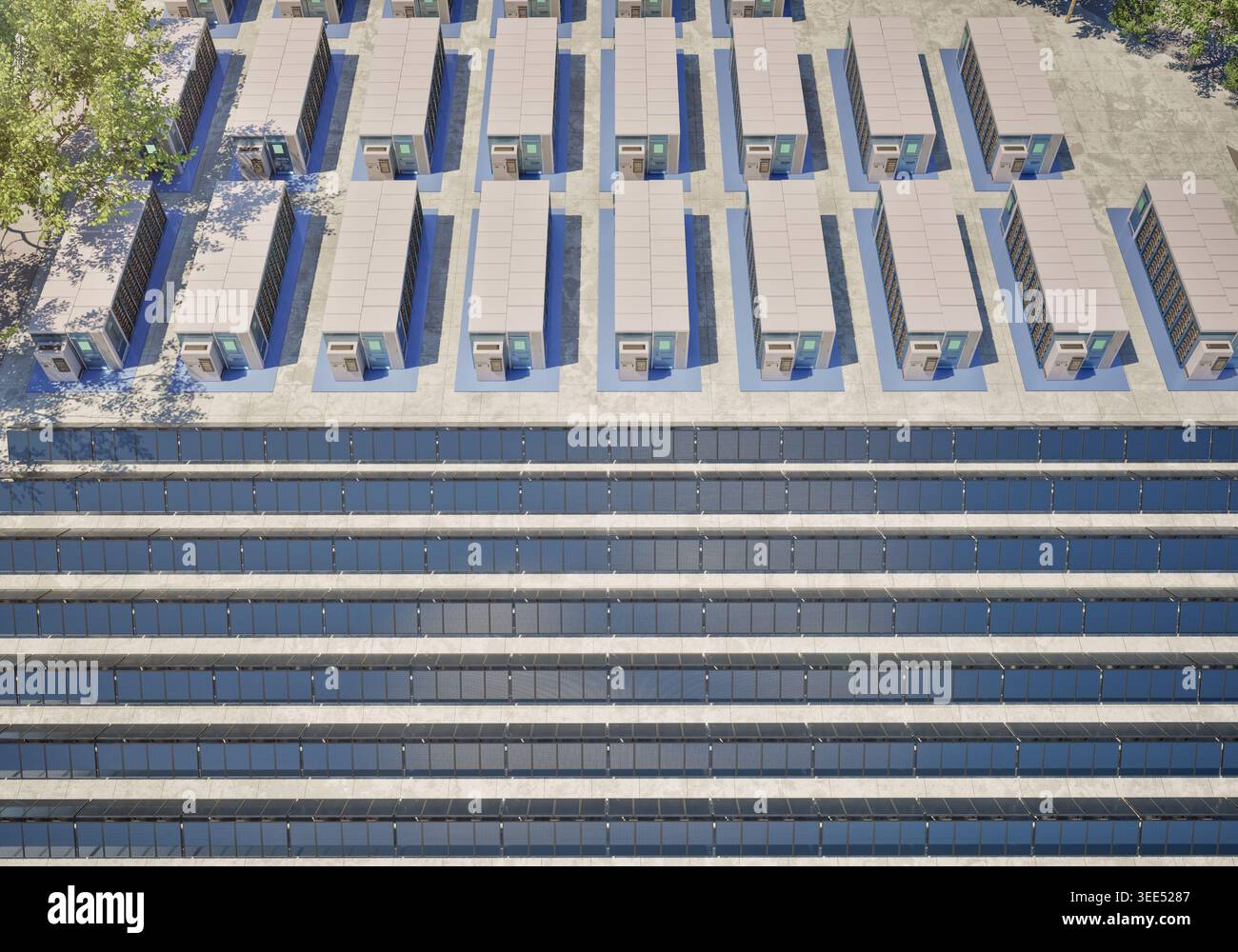 Concetto di energia alternativa con gruppo di rendering 3d di sistemi di accumulo dell'energia o unità contenitore batteria con pannelli solari Foto Stock