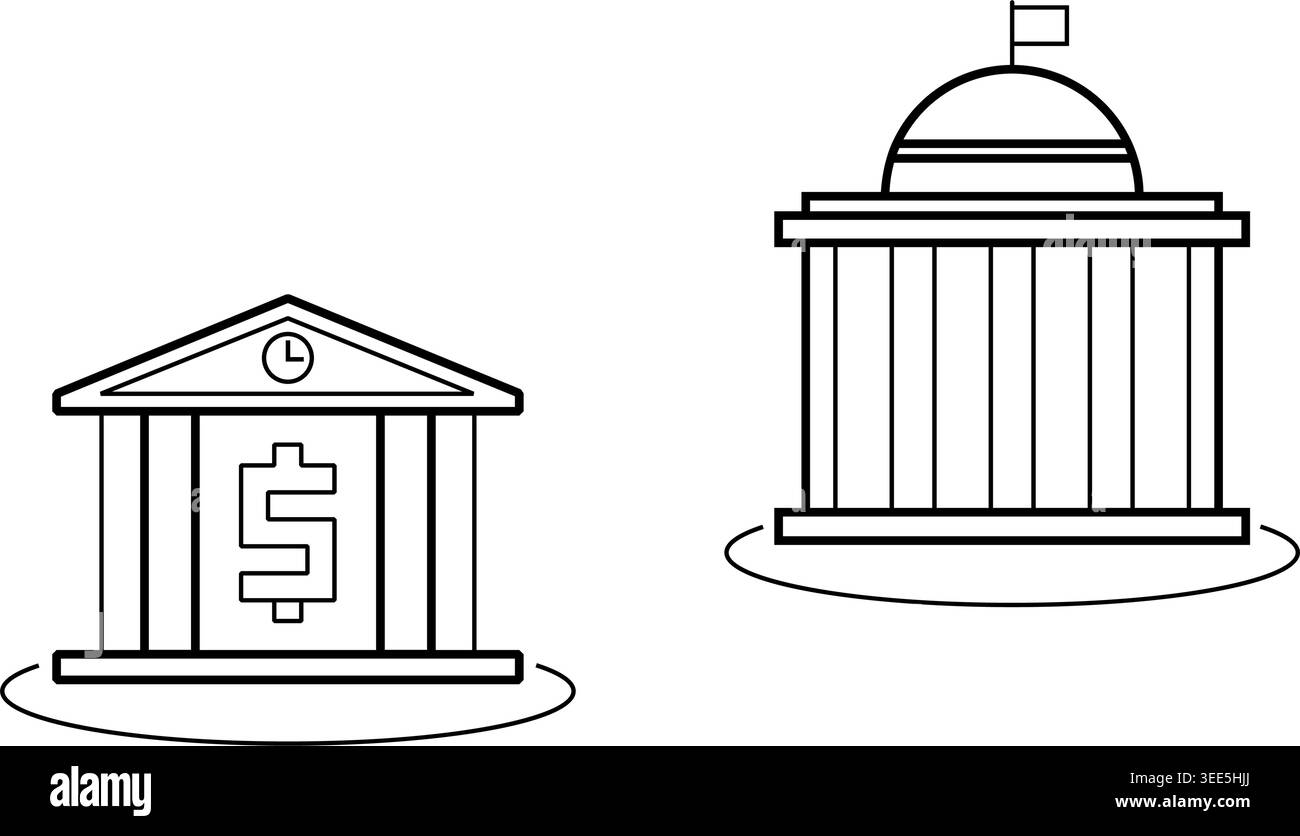Il profilo minimale delle icone degli edifici governativi e finanziari in stile architettonico classico. Ideale per grafica aziendale, temi legali o progetti bancari Illustrazione Vettoriale