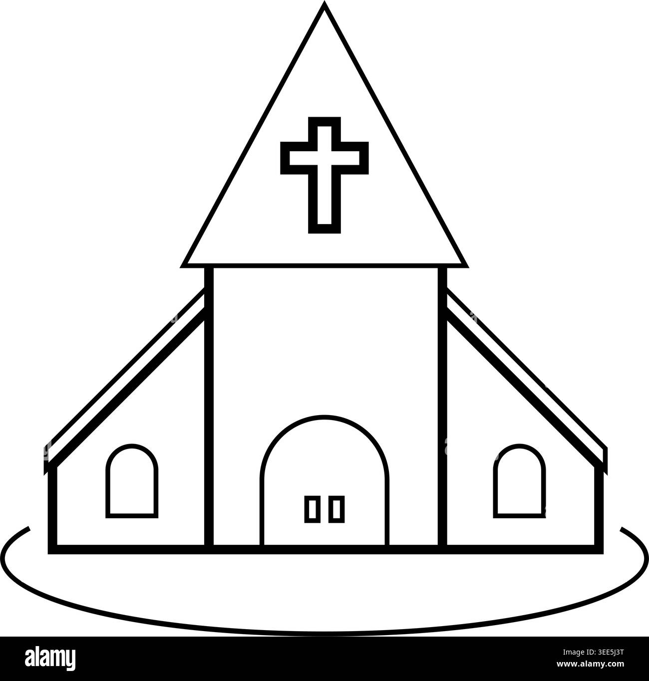 Il semplice edificio della chiesa cristiana delinea l'icona con dettagli architettonici puliti, tra cui il campanile e la croce. Adatto per la grafica della comunità cristiana, Illustrazione Vettoriale