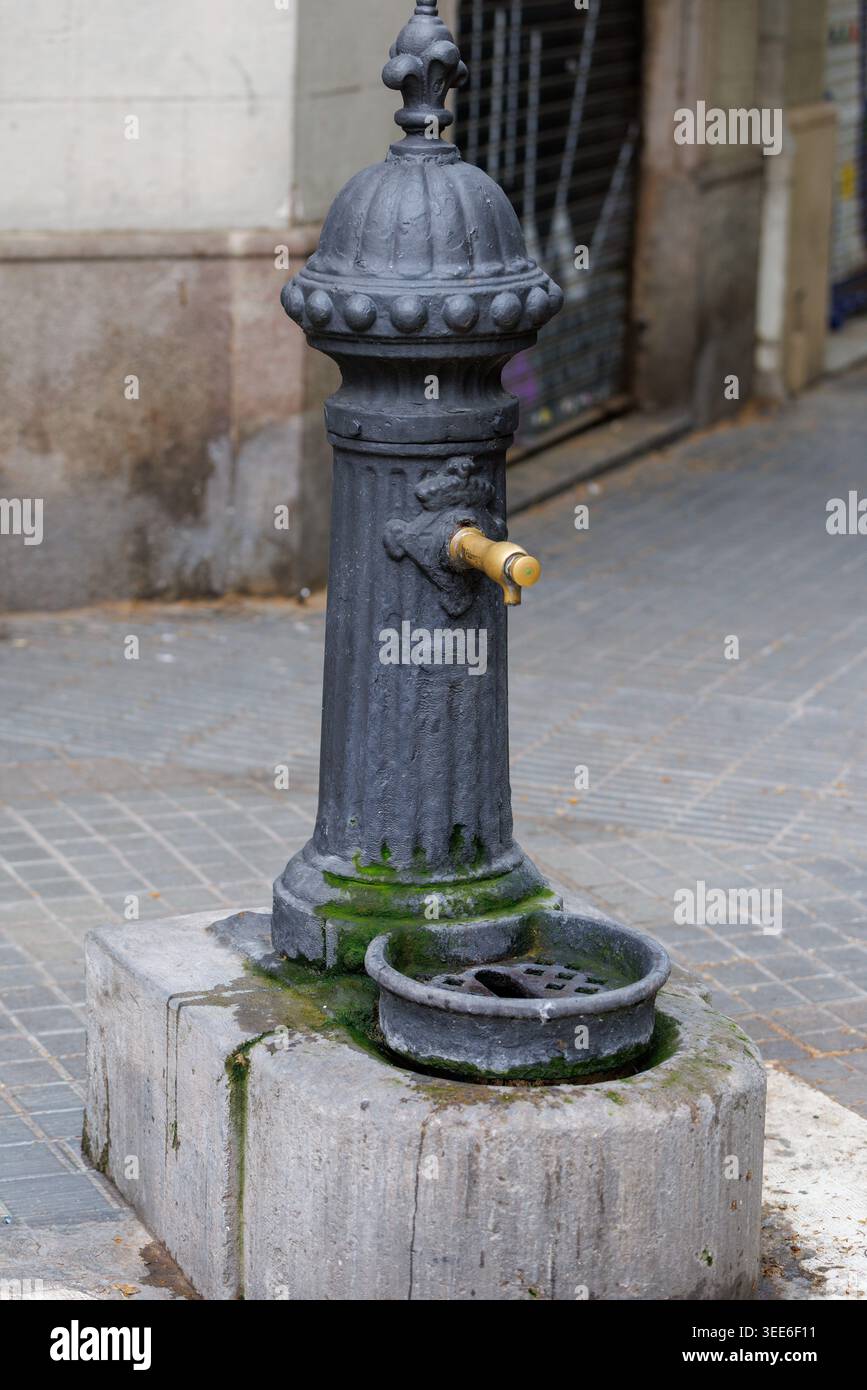 Fontana pubblica con acqua potabile in un ambiente urbano all'aperto Foto Stock