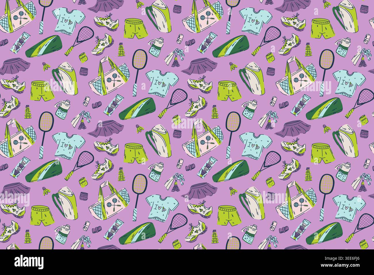 Collezione multicolore di abbigliamento e accessori badminton pattern, giocando a badminton come hobby e miglioramento della salute Illustrazione Vettoriale