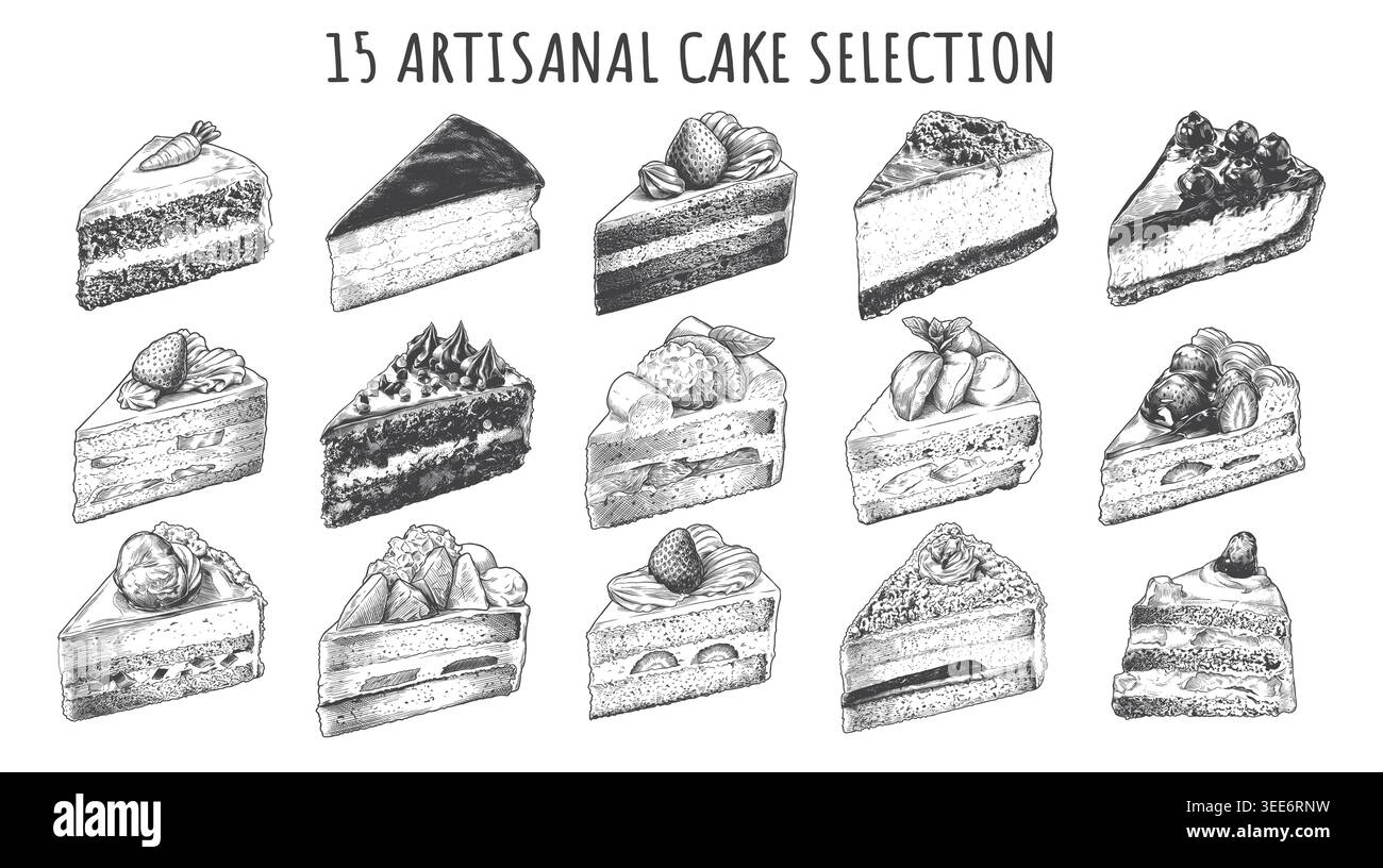Una collezione completa di 15 fette di torta artigianali realizzate con un'incisione vintage estremamente dettagliata. Questo set vettoriale disegnato a mano è perfetto per Illustrazione Vettoriale