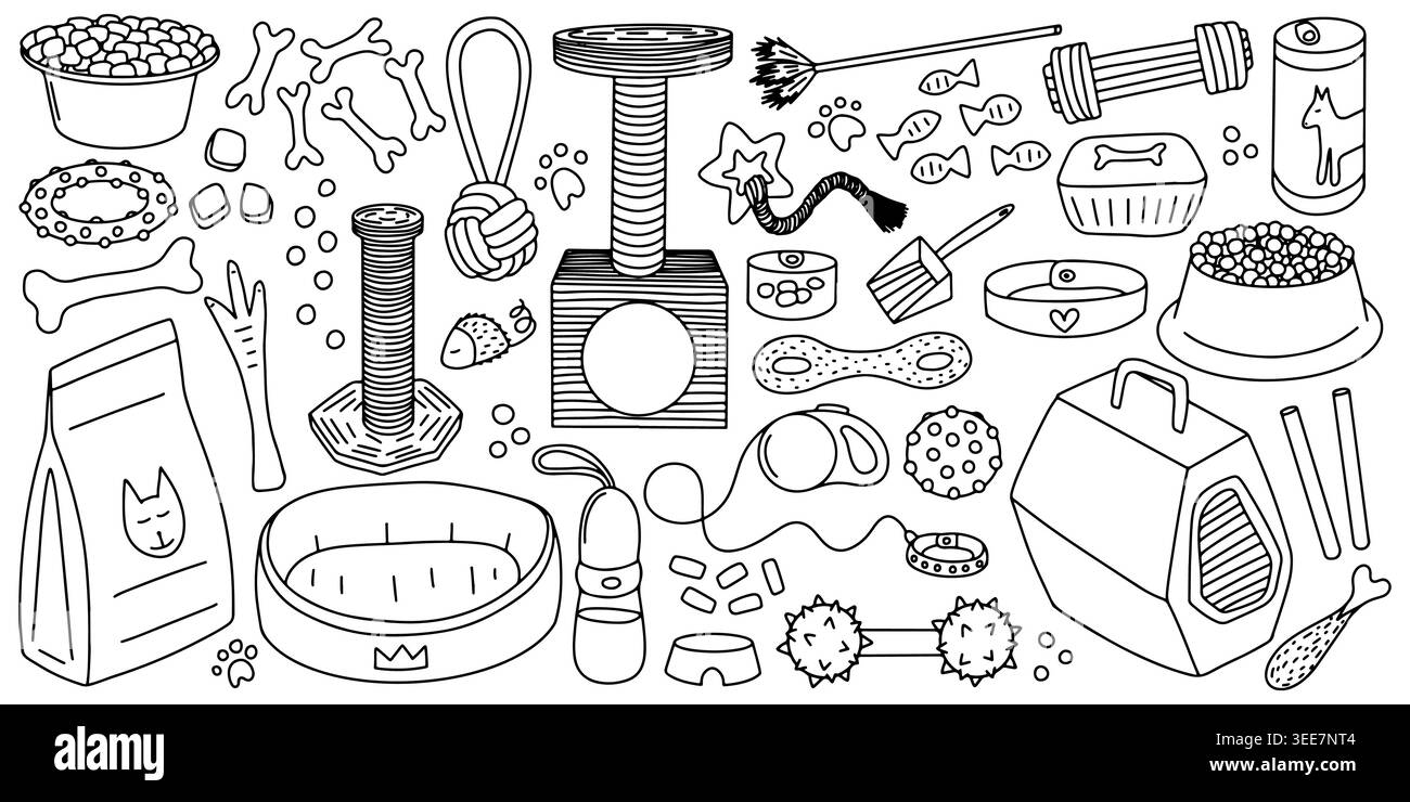 Accessori per animali domestici, set di scarabocchi Illustrazione Vettoriale