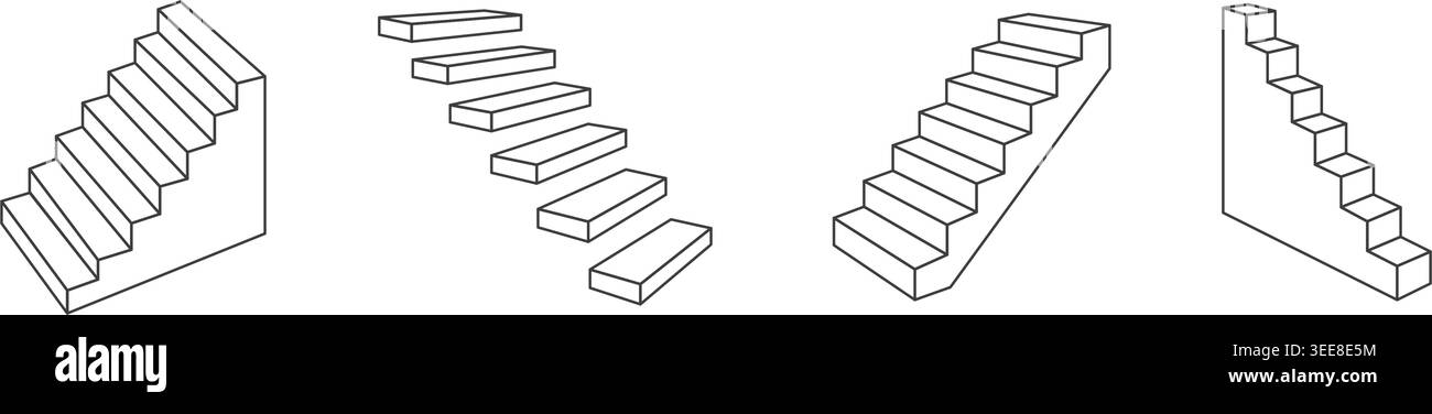 Set di icone minimaliste a contorno di scale in prospettiva isometrica. 4 forme diverse di scale in vettore lineare. Illustrazione Vettoriale
