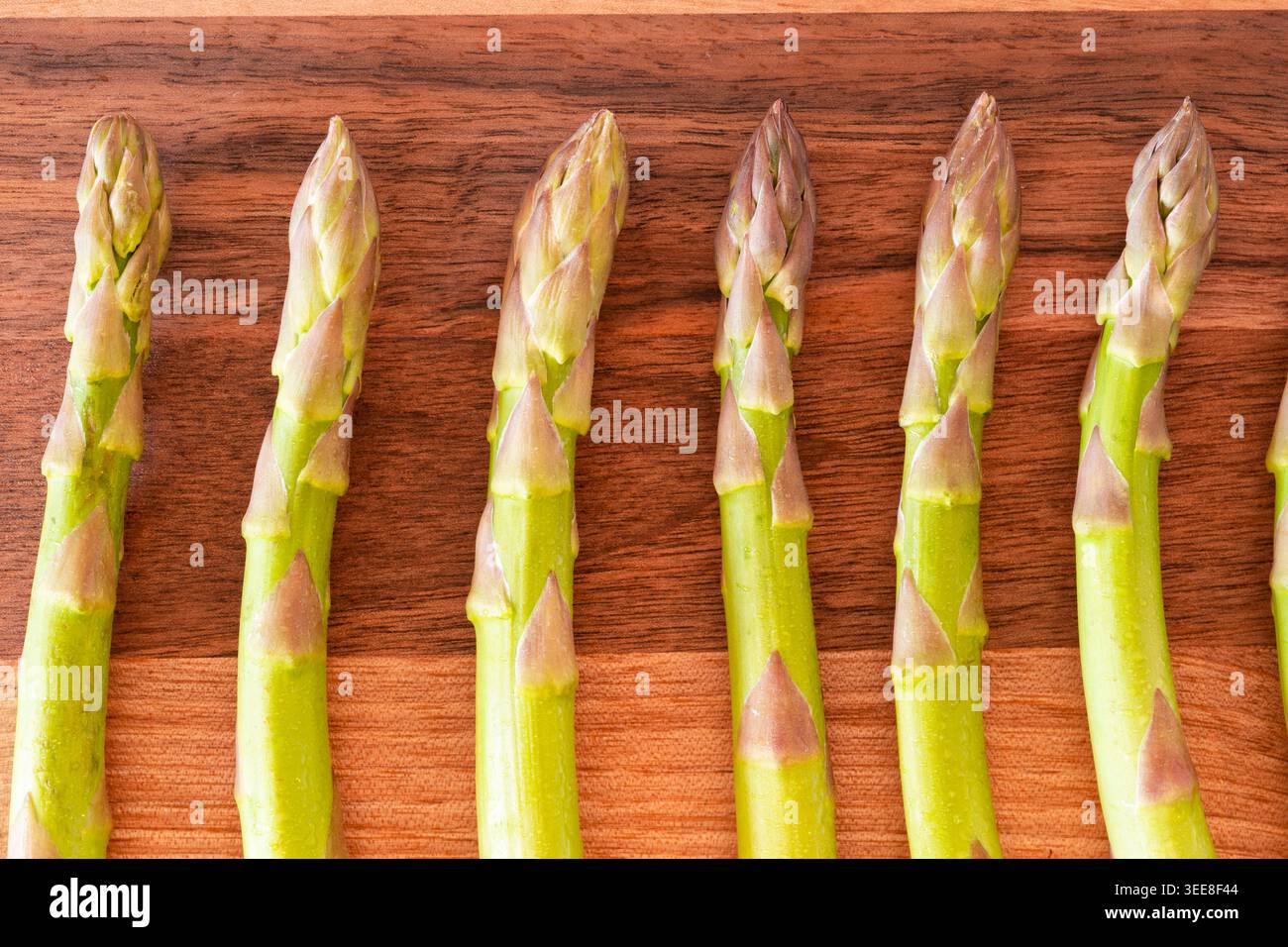 Asparagi commestibili (in latino: Asparagus officinalis) o gambi di asparagi da giardino su una tavola di legno di noce, Regno Unito. Concetto: Cucina, cinque al giorno, cibo ricco di ferro Foto Stock