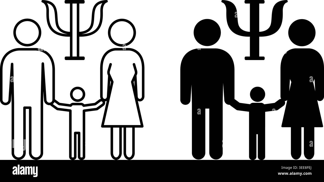 Icone di psicologia familiare. Illustrazioni vettoriali in bianco e nero. Marito, moglie e figlio. Psicologo Sign. Migliorare le relazioni familiari, Mental Hea Illustrazione Vettoriale