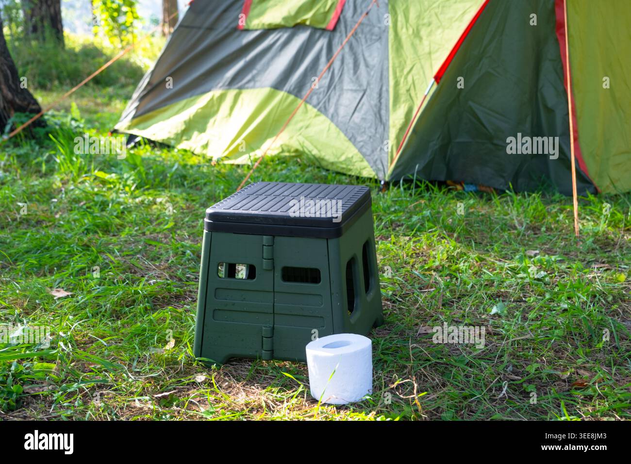 WC portatile con rotolo in natura accanto alla tenda, comodità per il campeggio, servizi igienici all'aperto per il turismo e i viaggi, pratica soluzione per aree selvagge. Foto Stock