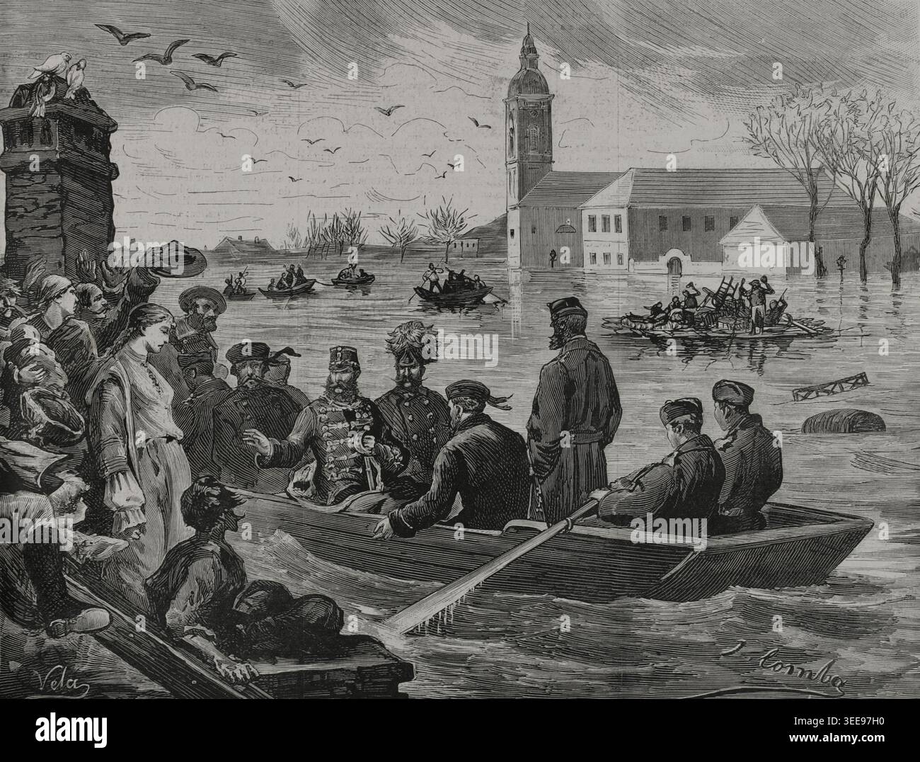 Szeged, Ungheria. Il grande diluvio. L'imperatore Francesco Giuseppe i (1830-1916) visitò la città allagata. Il 12 marzo 1879, la città di Seghedino fu completamente inondata a causa del traboccamento del fiume Tisza. La città fu quasi completamente distrutta, causando 165 morti e lasciando poche case in piedi. L'imperatore Francesco Giuseppe visitò la città il 17 marzo. Accompagnato dal primo ministro del Regno d'Ungheria, Kálmán Tisza (1830-1902), si imbarcò su un pontone per esaminare gli effetti dell'alluvione ed esprimere il suo dolore alle persone colpite. Disegno di J. Comba. Incisione di Vela. La Ilustración Españo Foto Stock