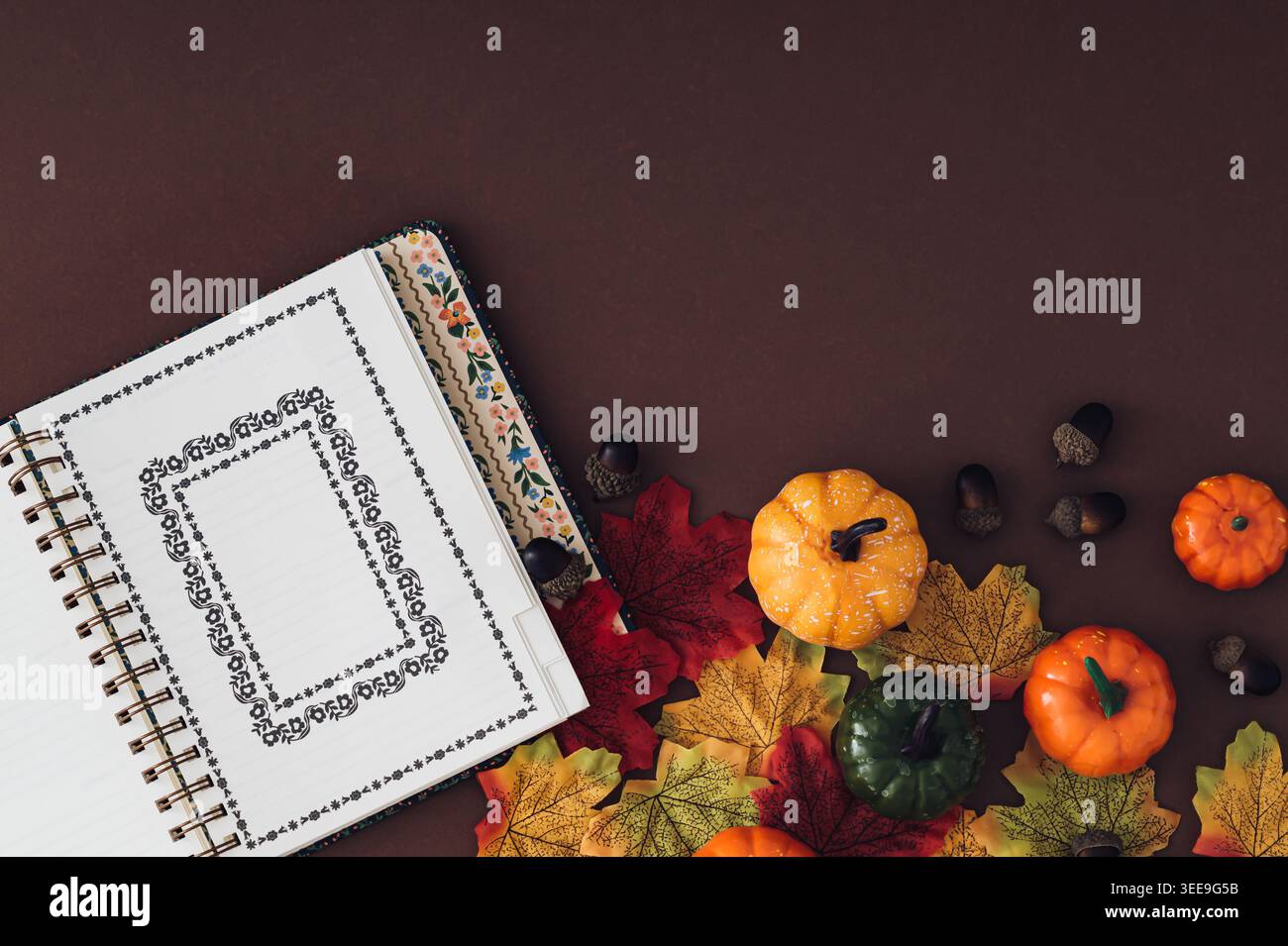 Accogliente composizione autunnale con taccuino, zucche, ghiande e colorate foglie autunnali su sfondo marrone. Concetto creativo stagionale. Estetica autunnale. Foto Stock