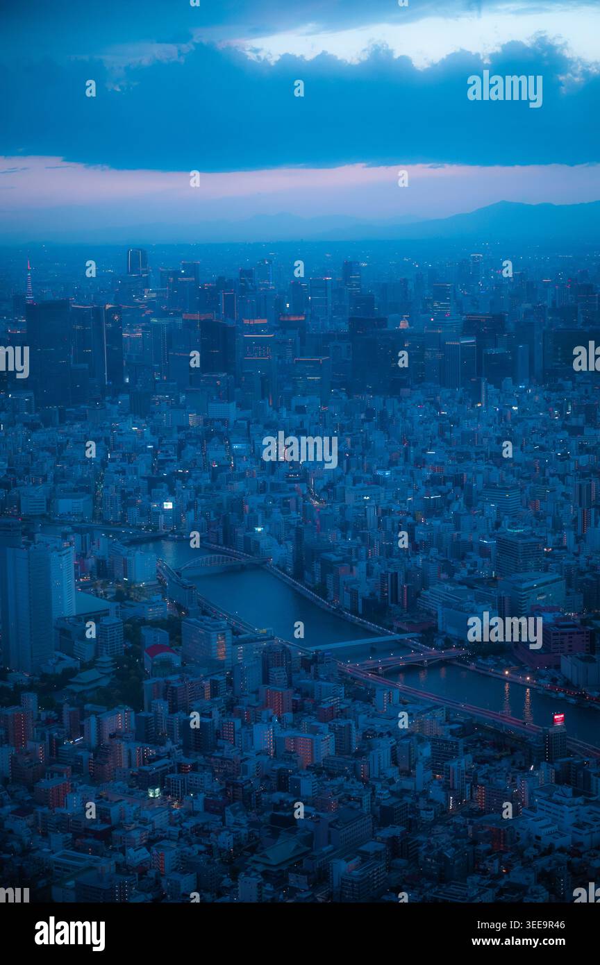 Skyline di Tokyo all'ora blu con il fiume Sumida e ponti illuminati al tramonto, Tokyo, Giappone Foto Stock