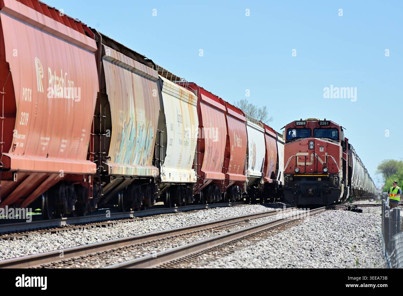 Naperville, Illinois, Stati Uniti. Le locomotive della Canadian National Railway guidano un treno merci in pausa su un binario mentre vengono passate da un altro treno merci. Foto Stock